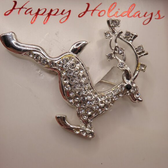 Reindeer Silver Tone Rhinestone Brooch - Picture 3 of 8